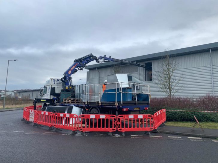 Lifting air conditioning units into rooftop plantroom at Alkliance Medical,Dinnington with our new long reach hiab,including traffic/pedestrian management